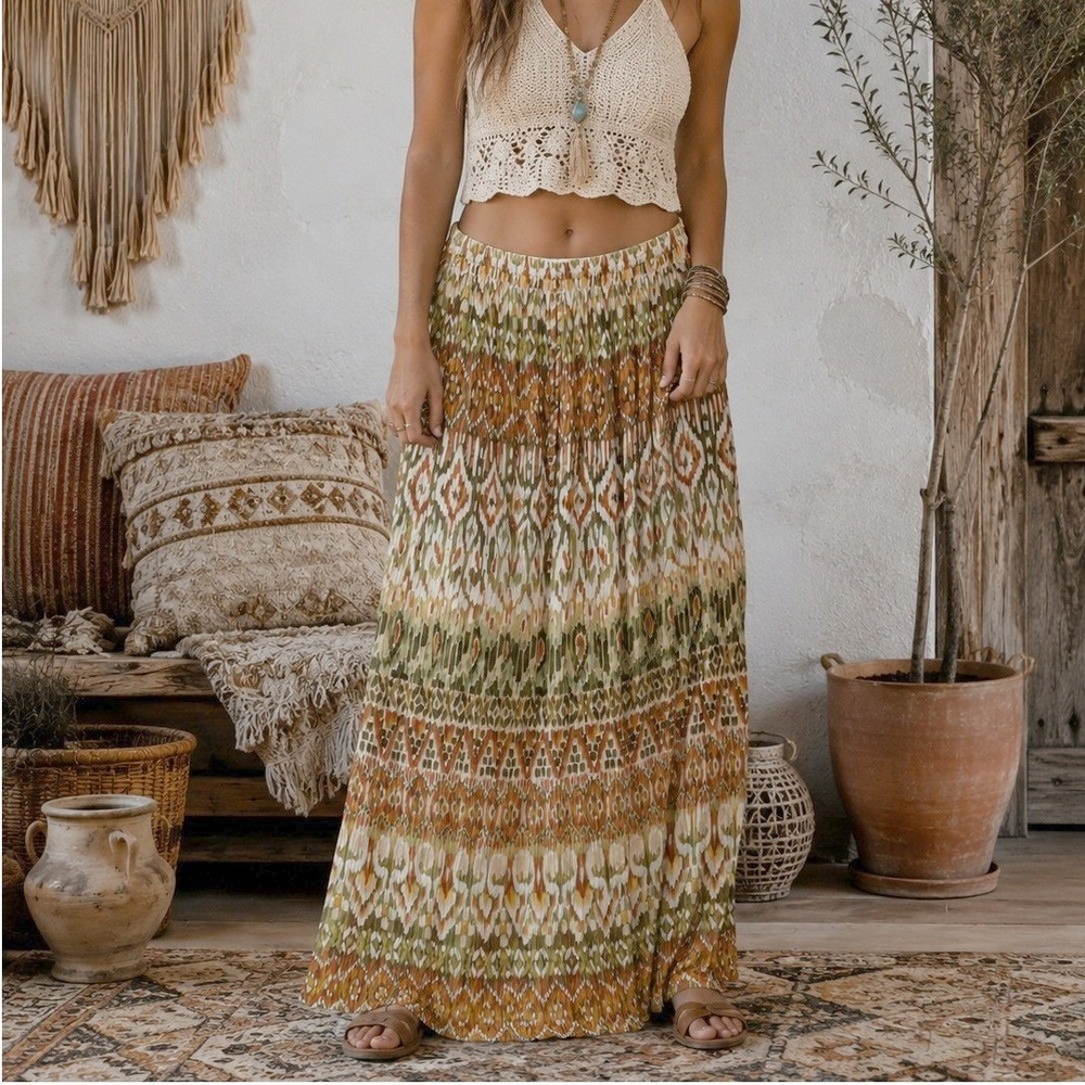 Vintage Boho 90s 12 Maxi Skirt Ikat Geometric Orange Green Summer